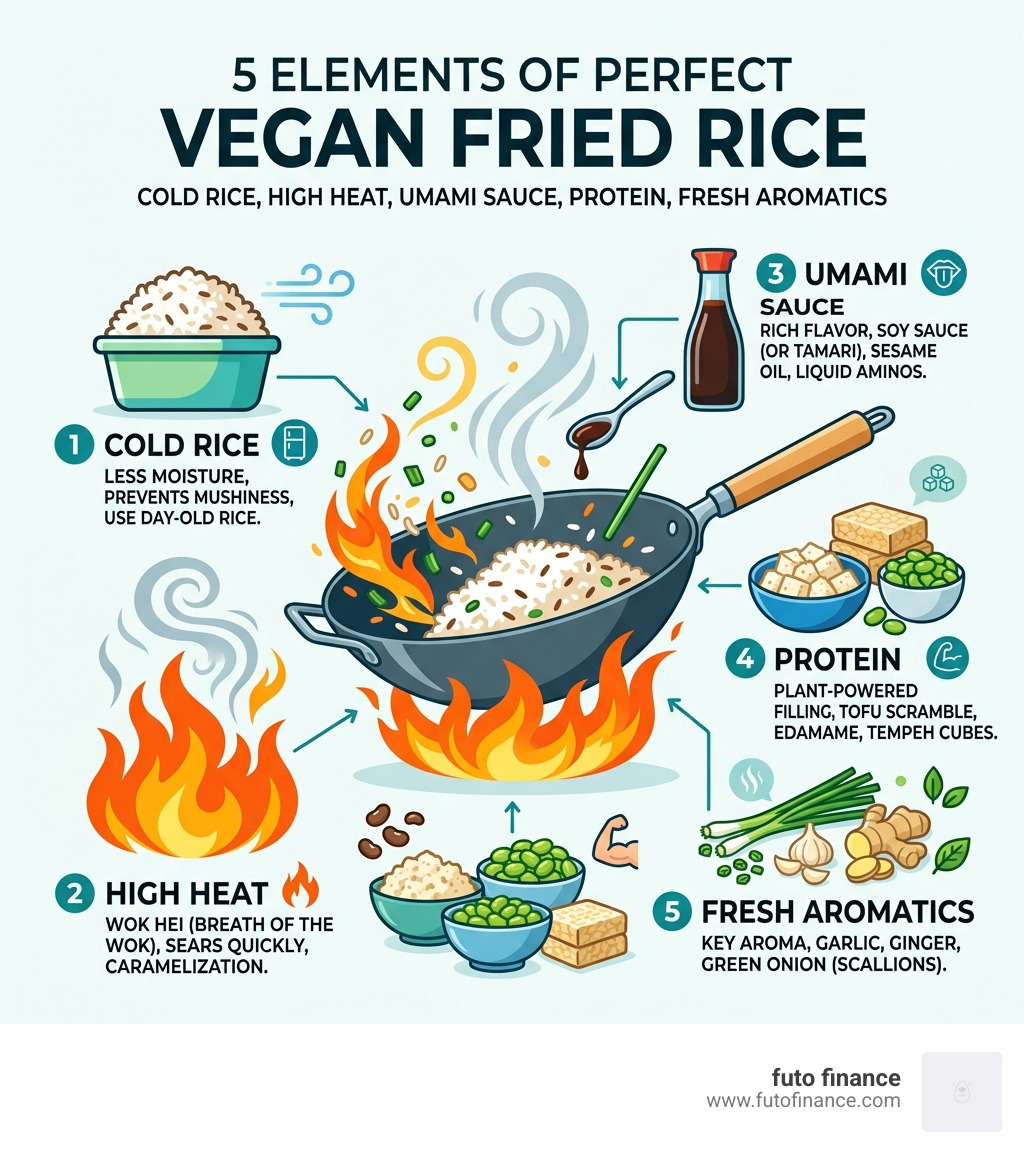 5 elements of perfect vegan fried rice: cold rice, high heat, umami sauce, protein, fresh aromatics - vegan fried rice