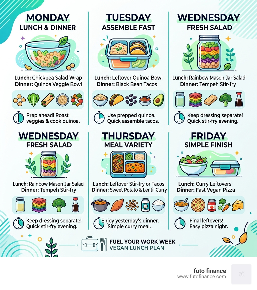 infographic showing 5-day vegan meal prep plan - vegan work lunch ideas infographic 