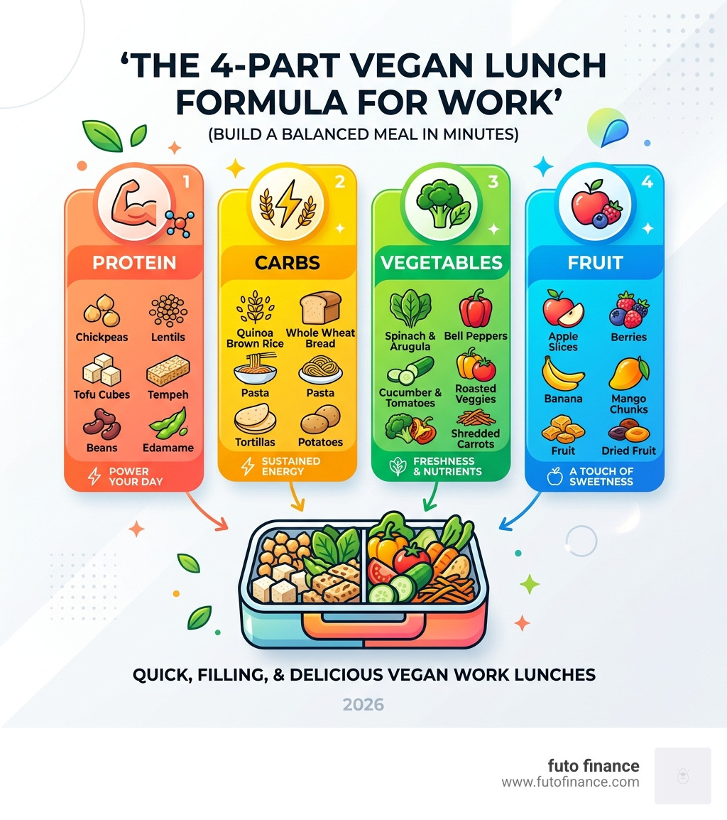 4-part vegan lunch formula: protein, carb, vegetables, and fruit with examples for each - vegan work lunch ideas infographic 