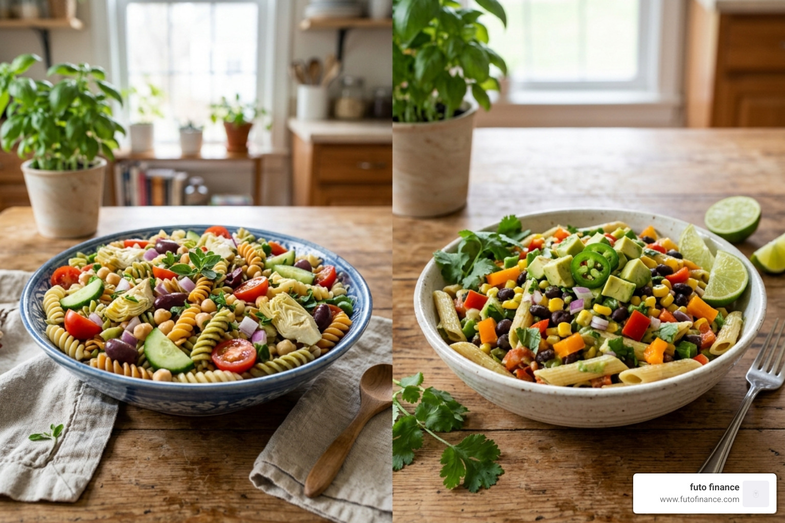 Mediterranean and Southwest style pasta salads side by side - cold pasta salad recipe vegan