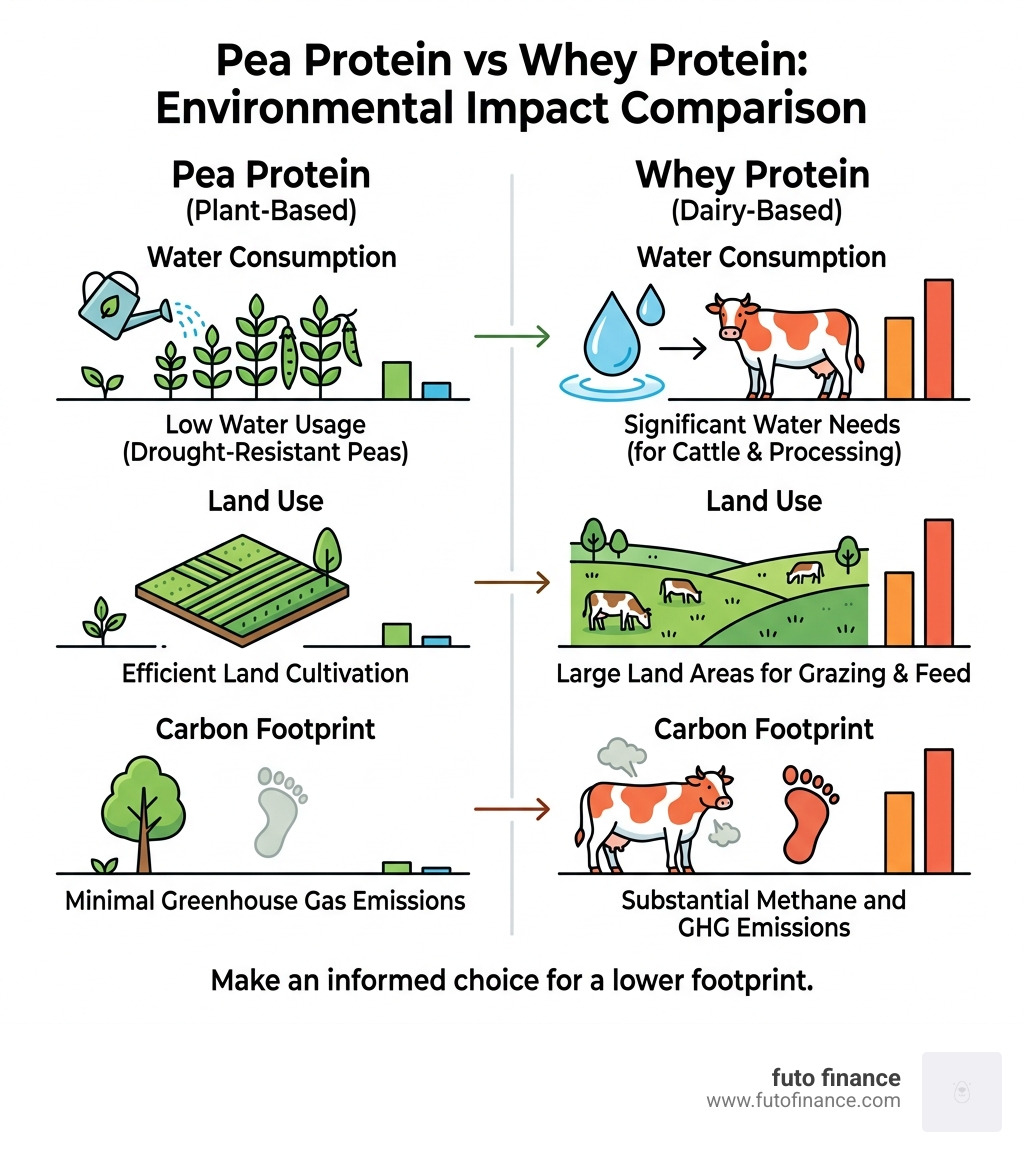 Infographic comparing environmental impact of pea protein vs whey protein - easy pea protein vegan infographic 