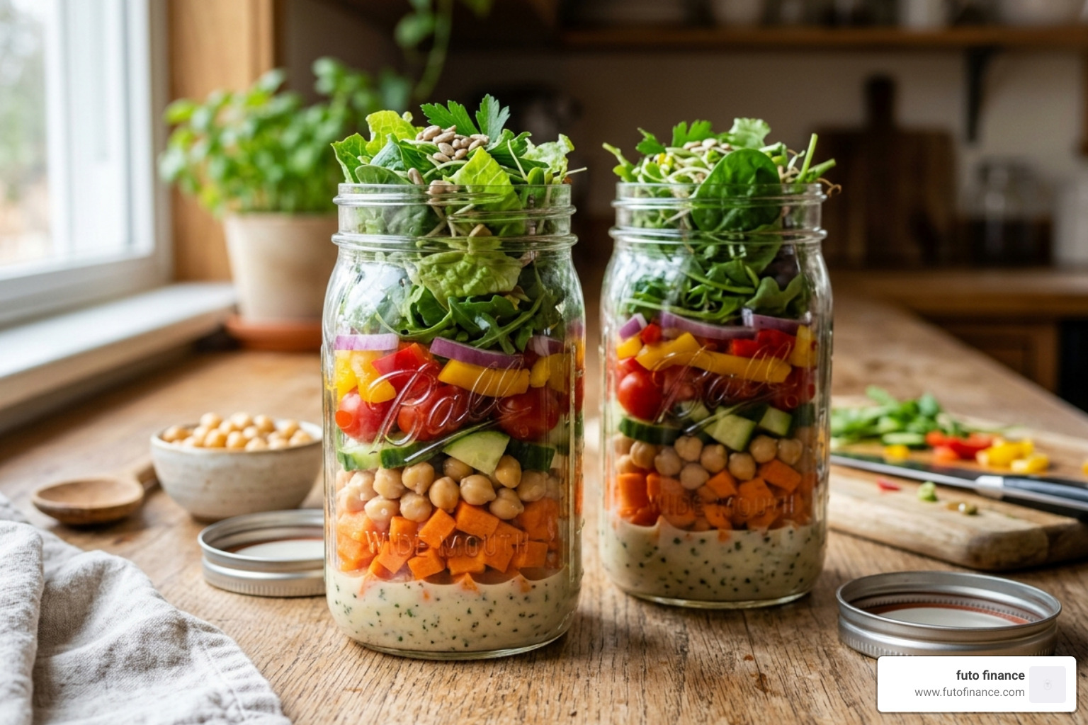 Mason jar salads showing the layering technique: dressing on bottom, hearty veggies, then greens on top - vegan salad ideas