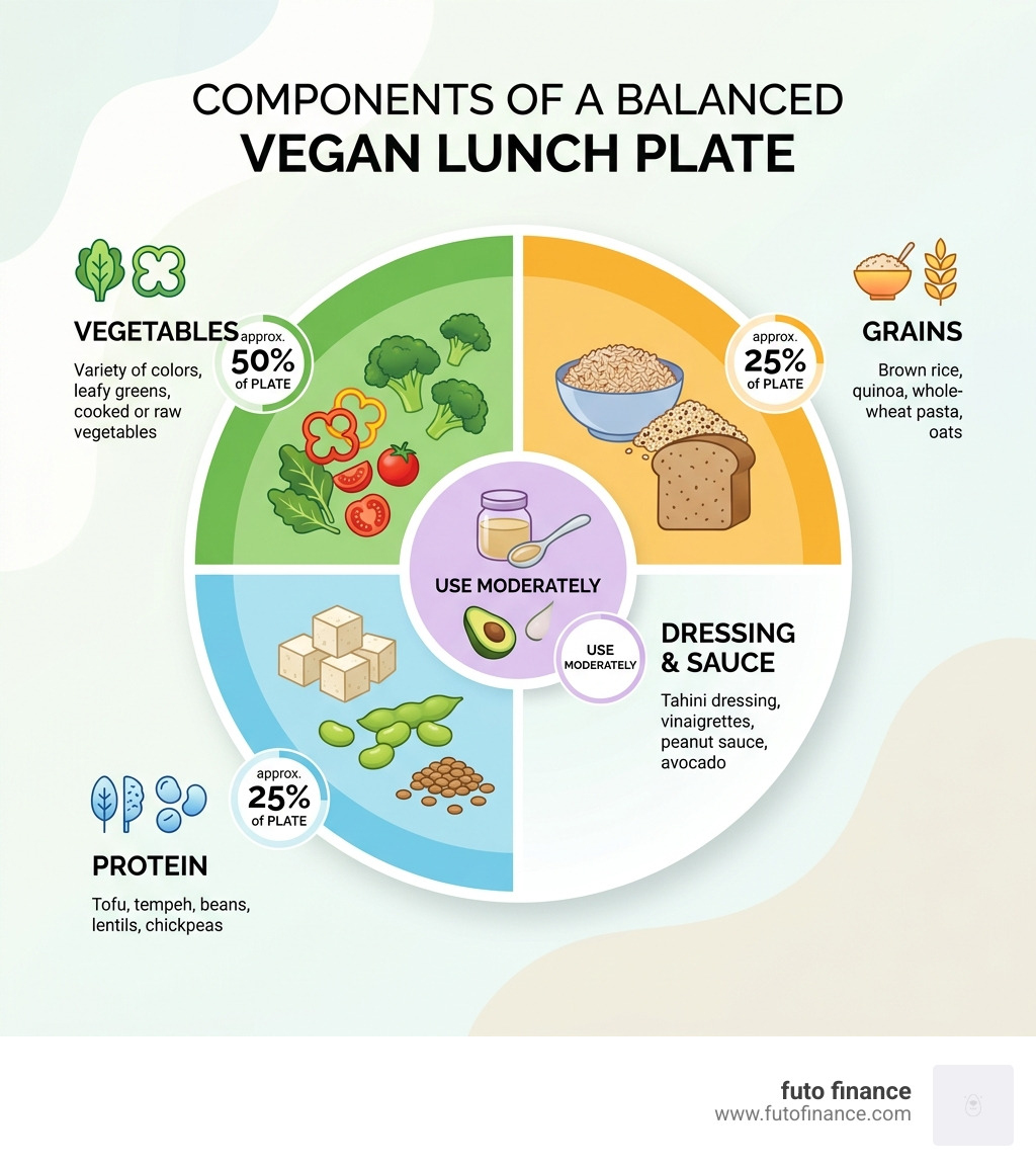 Components of a balanced vegan lunch plate with grains, protein, vegetables, and dressing - great vegan lunch ideas