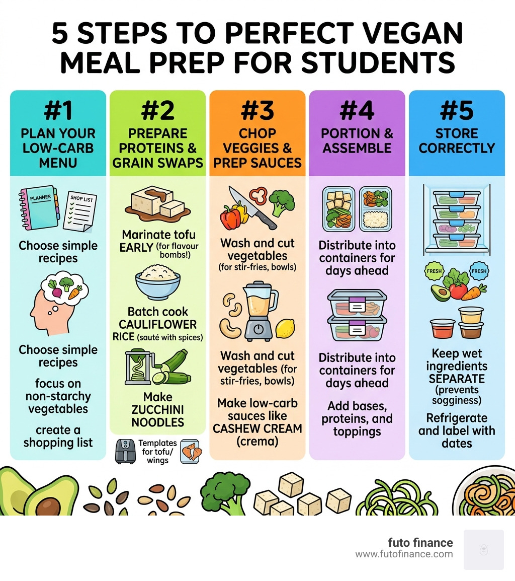 Infographic showing 5 steps to perfect vegan meal prep for students - vegan lunch ideas low carb infographic 