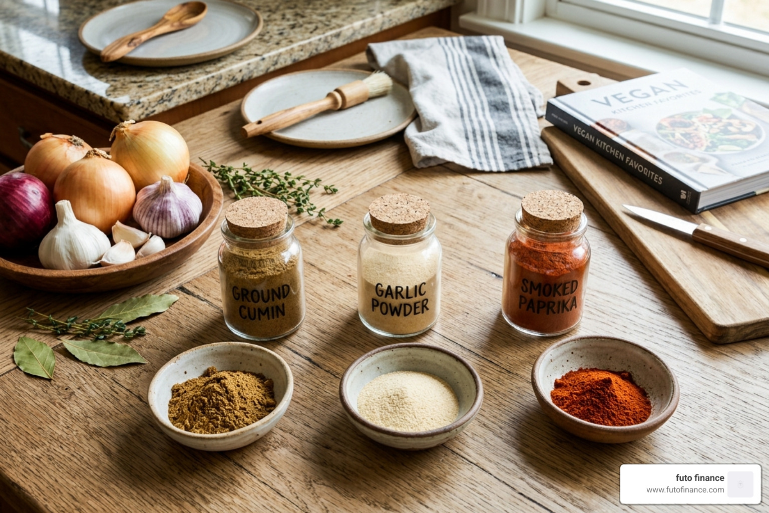 essential pantry spices for vegan cooking including cumin, garlic powder, and smoked paprika - easy black bean vegan