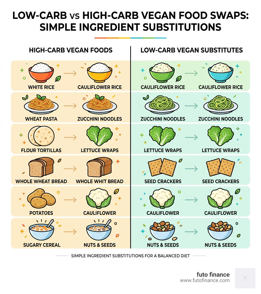 Low-carb vs high-carb vegan food swaps infographic showing simple ingredient substitutions - vegan lunch ideas low carb