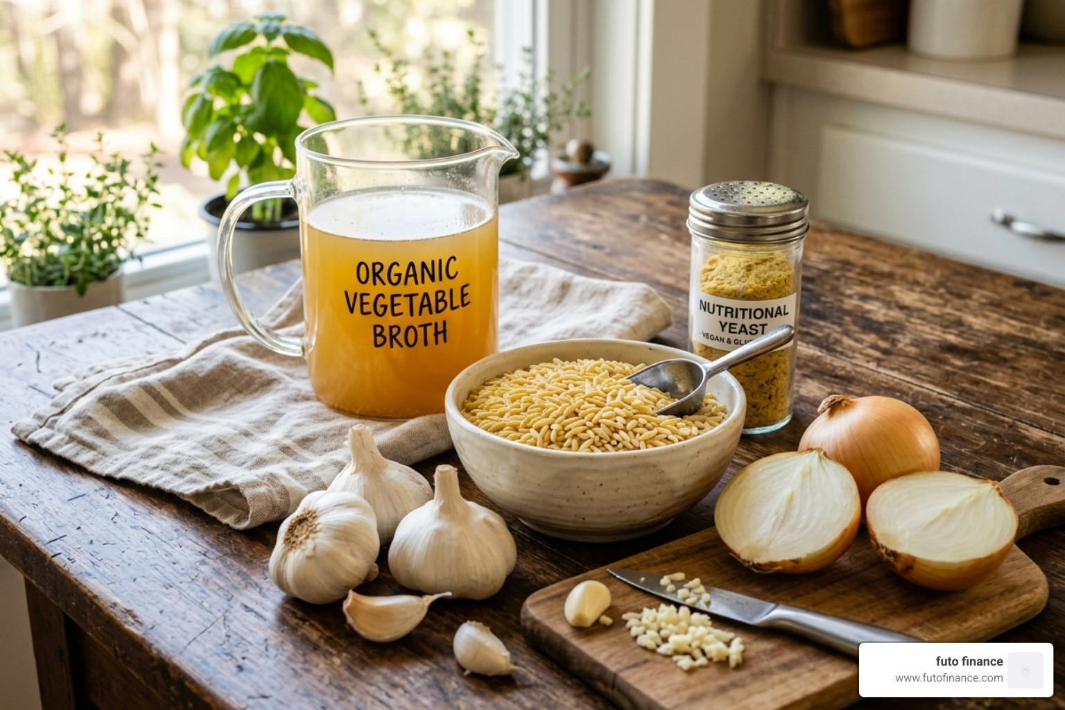ingredients including vegetable broth, nutritional yeast, garlic, and onions - simple vegan pasta risotto