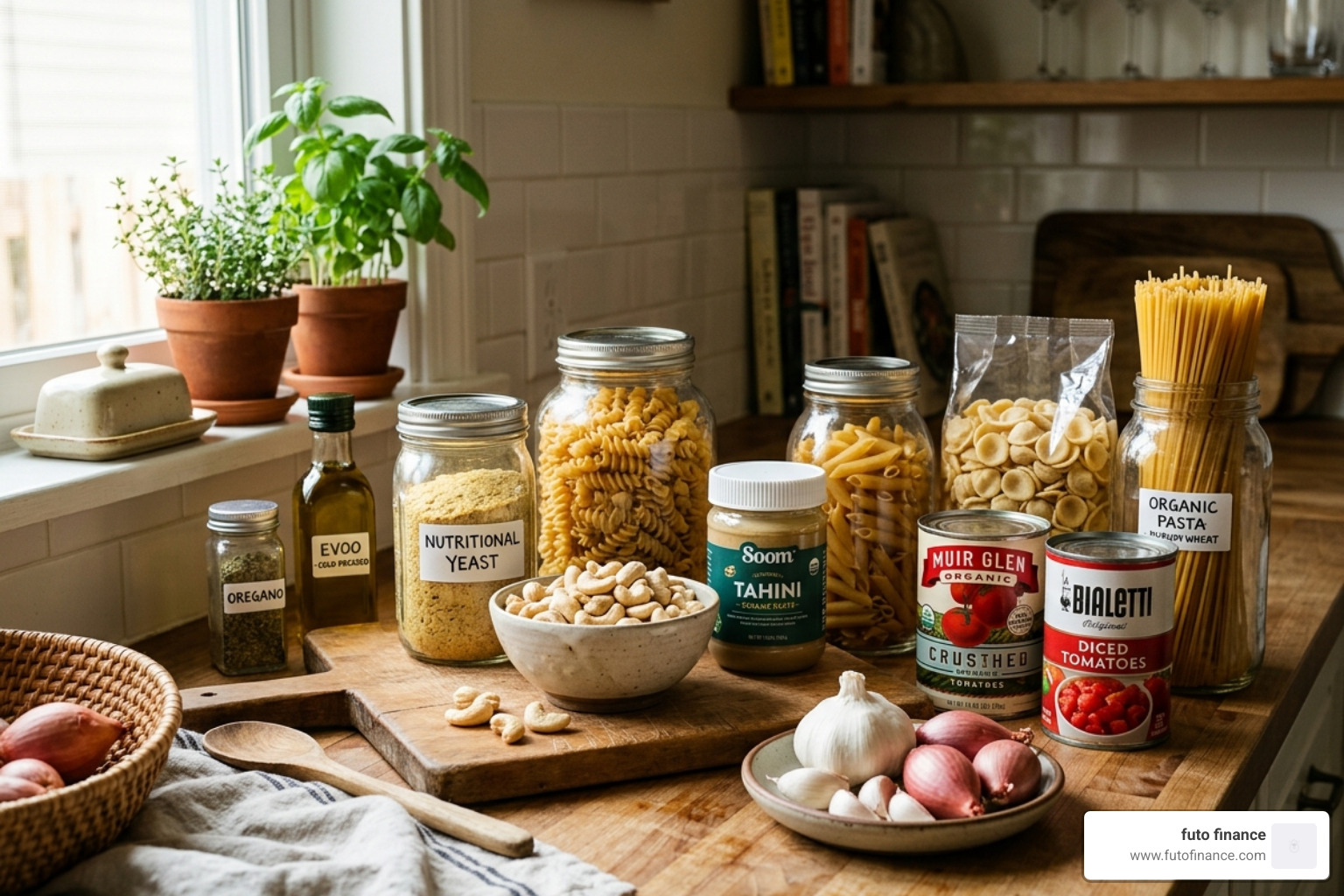 vegan pantry essentials including nutritional yeast, cashews, tahini, and pasta - vegan pasta recipes