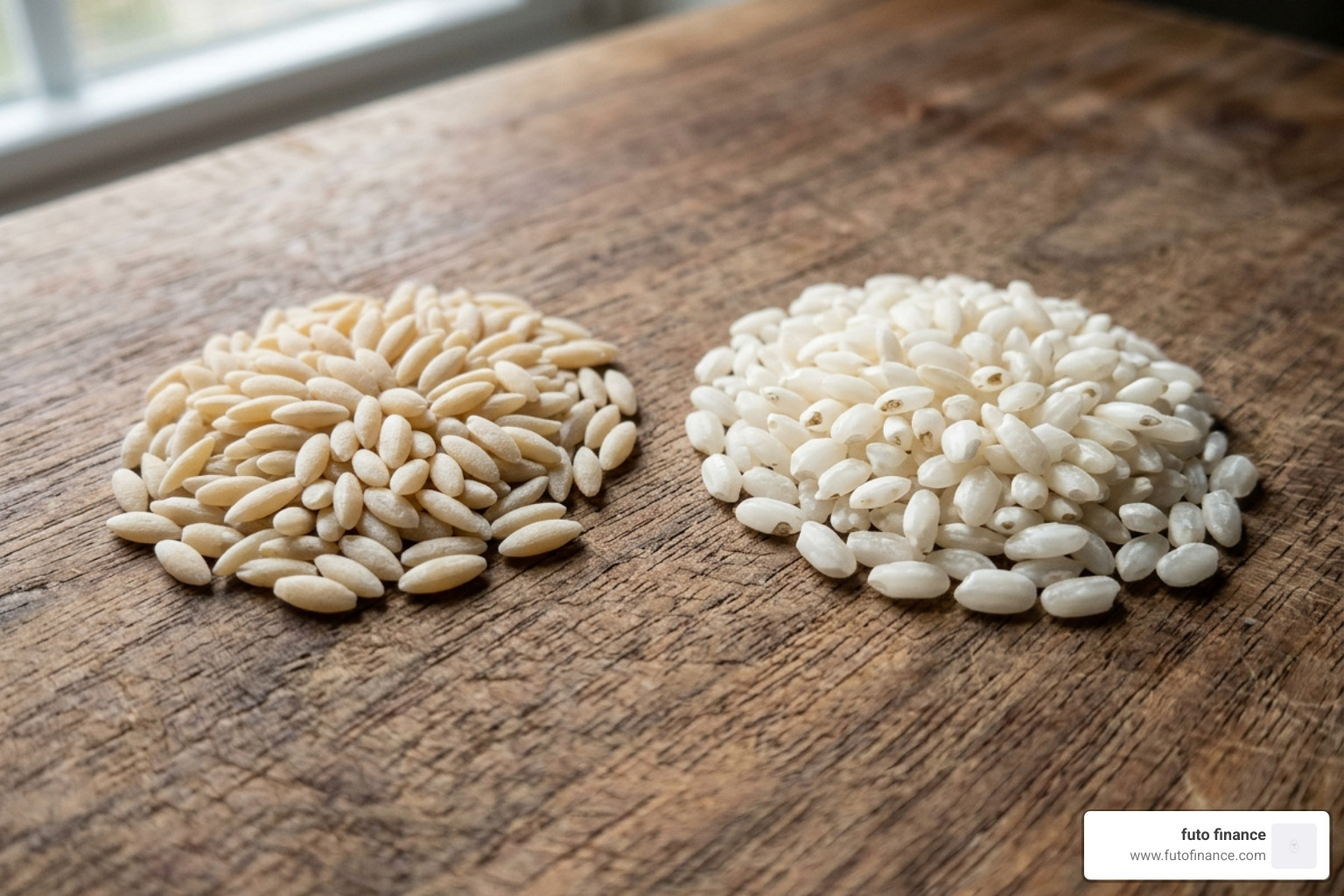 dry orzo pasta next to arborio rice grains - simple vegan pasta risotto