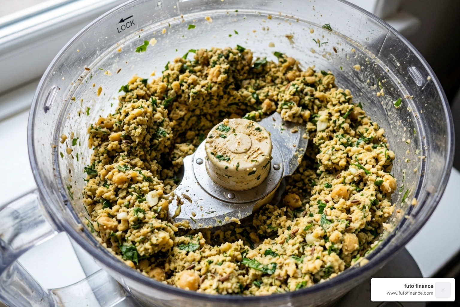 Crumbly falafel mixture in a food processor - easy vegan falafel recipes