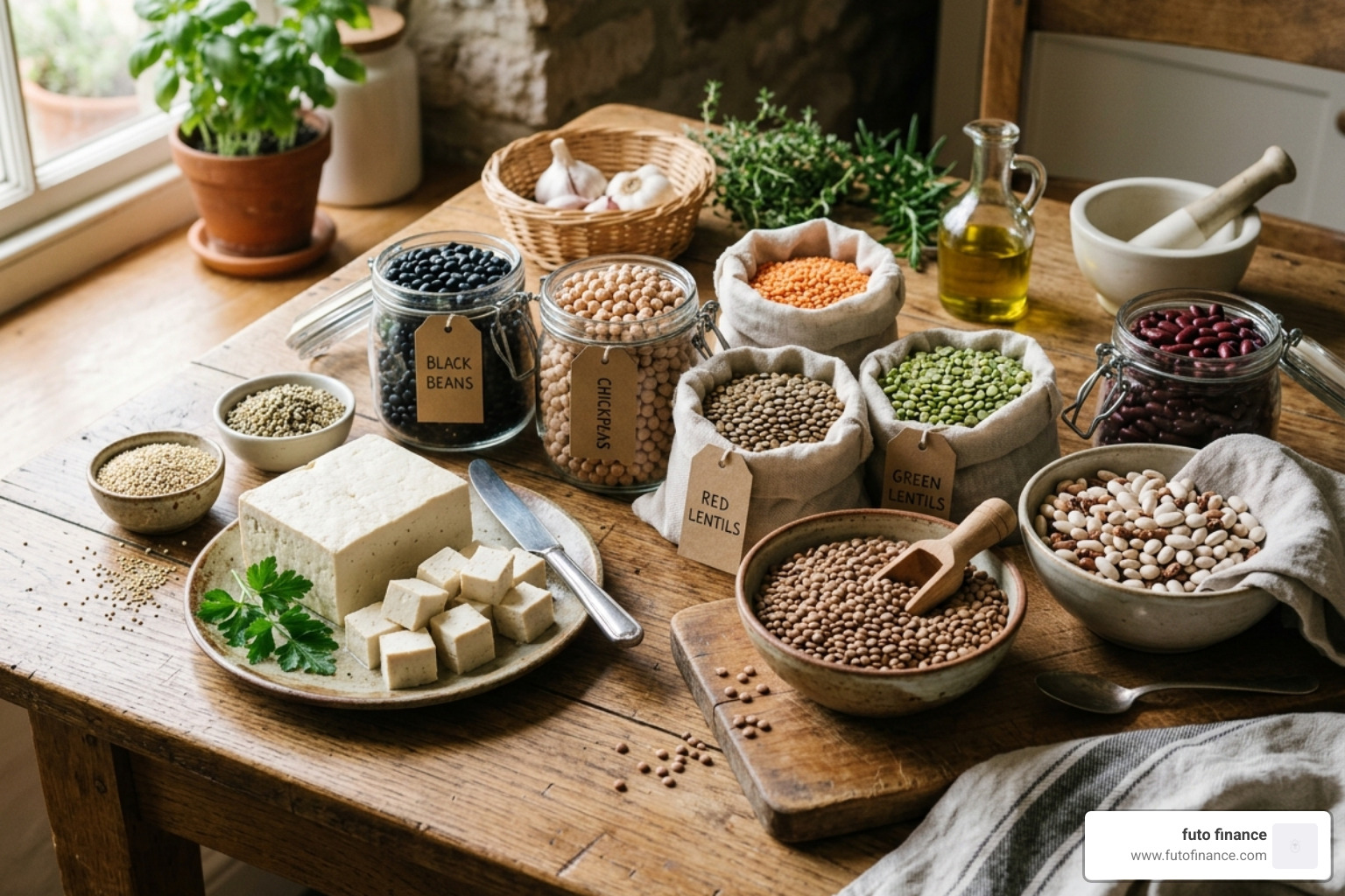 Affordable vegan protein sources like beans, lentils, and tofu on a wooden table - 30 gram protein vegan meal