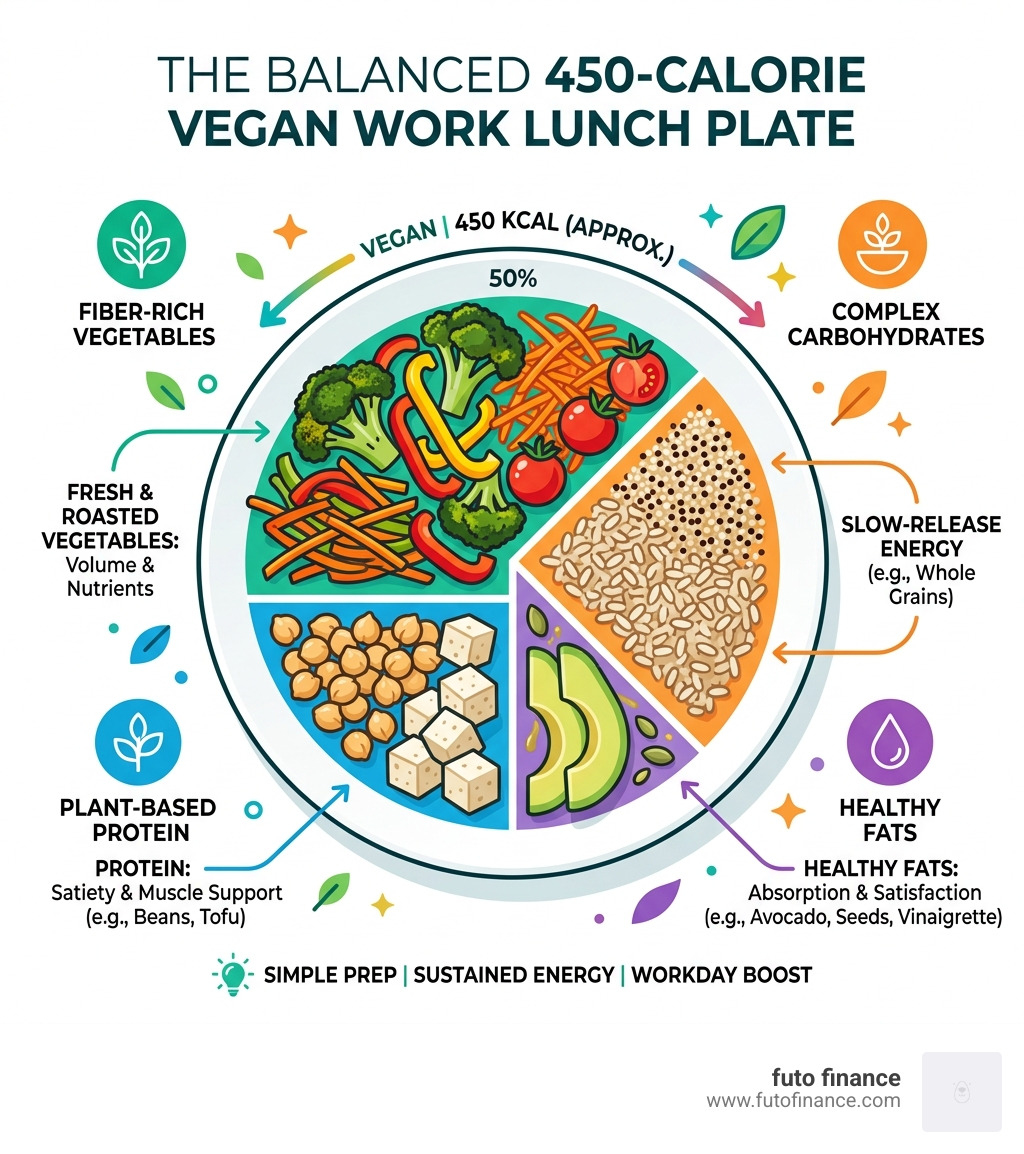 Infographic showing a balanced 450-calorie vegan plate with protein, carbs, healthy fats, and vegetables - low calorie vegan