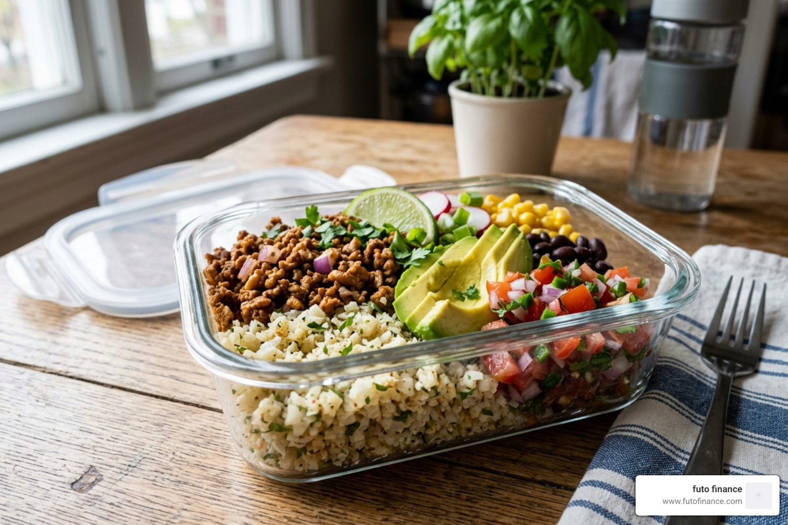 meal-prepped vegan taco bowl with cauliflower rice and avocado - vegan lunch ideas low carb
