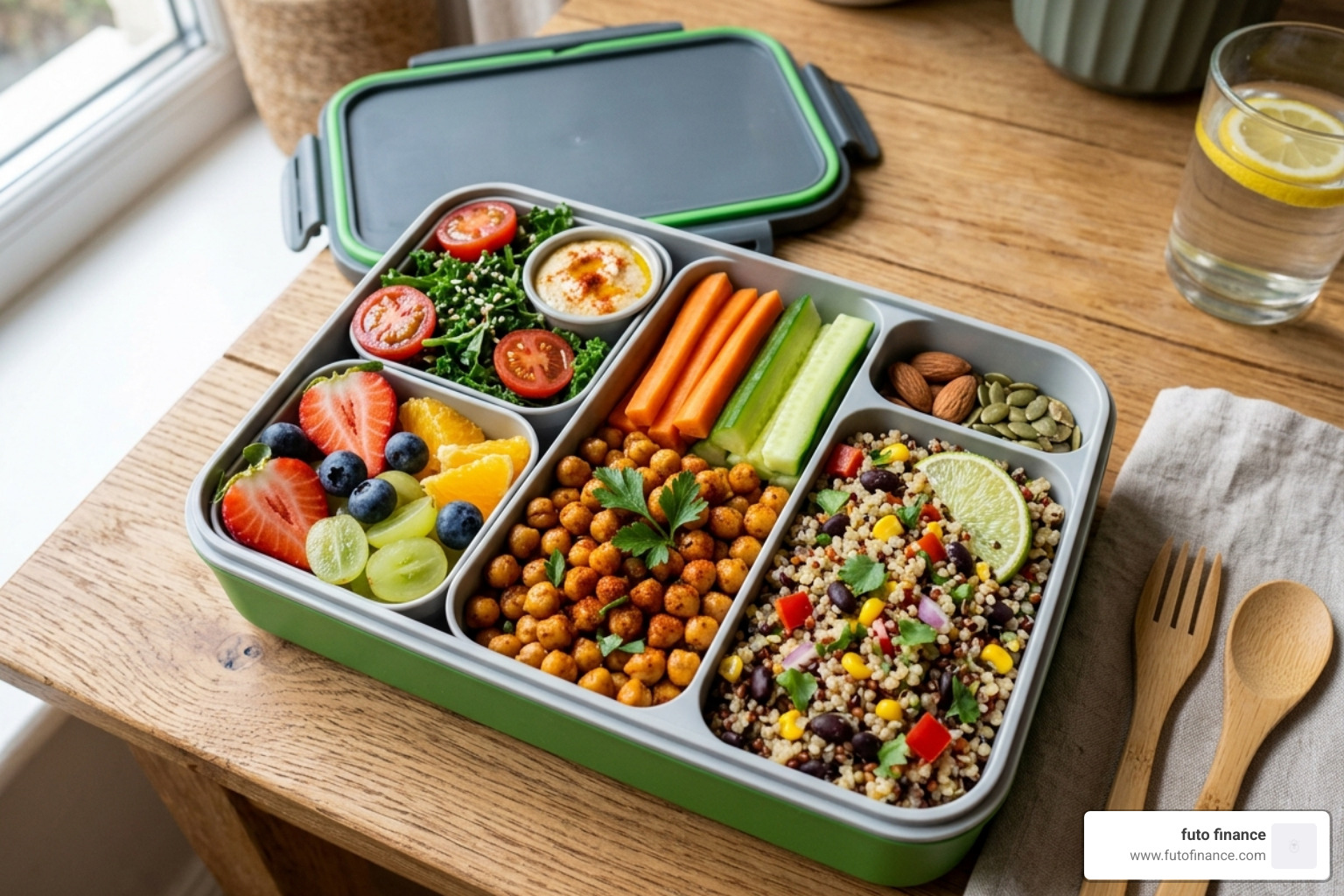 a bento-style vegan lunch box with chickpeas, quinoa, and fresh fruit - vegan lunch tips