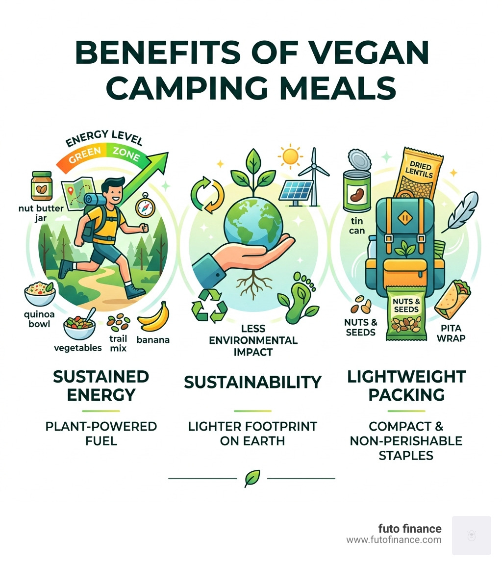 Benefits of vegan camping meals for energy, sustainability, and lightweight packing - vegan camping lunch ideas infographic 