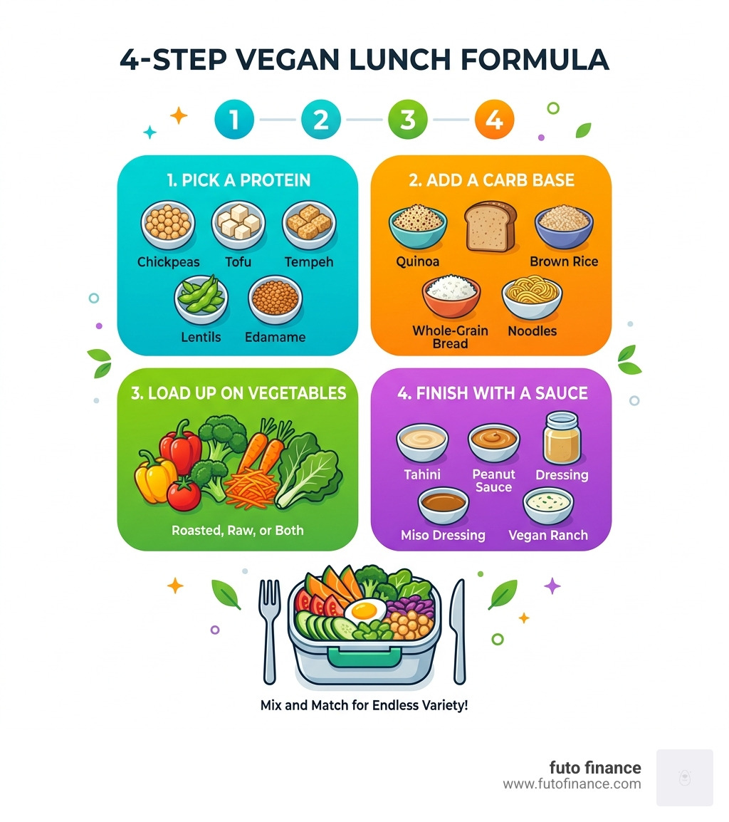 4-step vegan lunch formula with protein, carb, vegetables, and sauce - vegan meals for work infographic 
