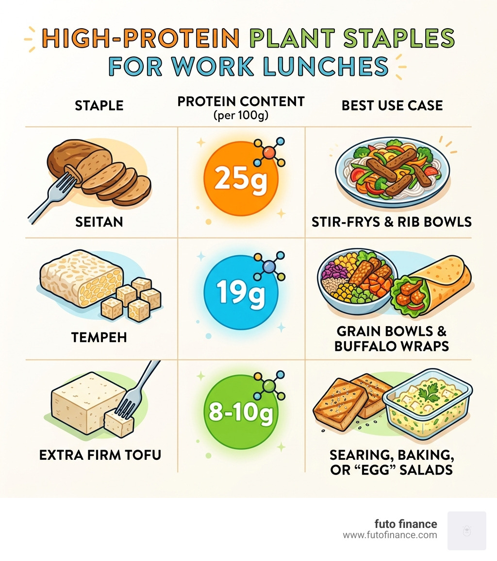 Table comparing protein content in plant-based staples like tofu, lentils, and chickpeas - vegan meals for work infographic 