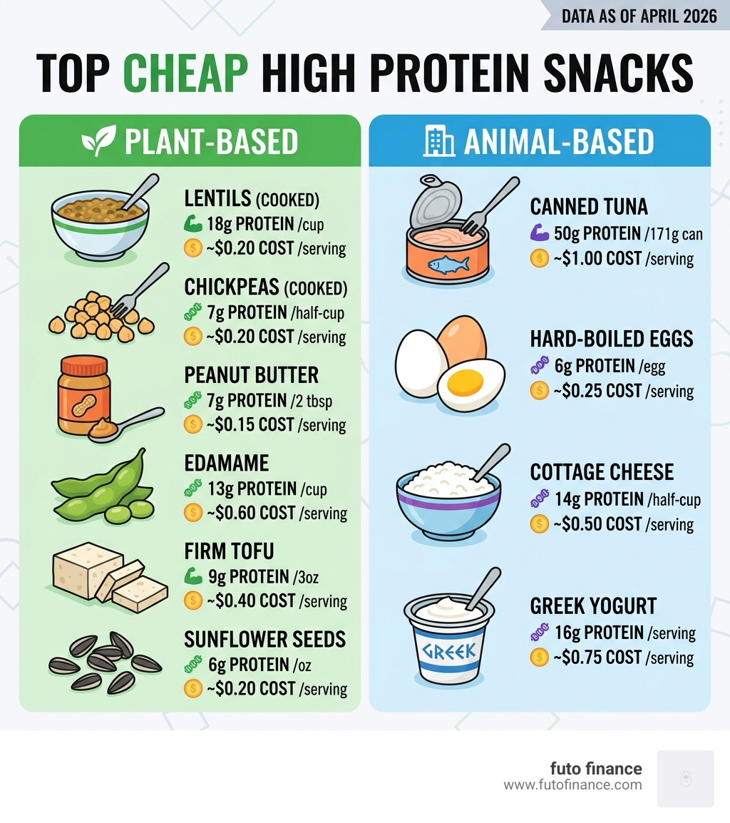infographic showing top cheap high protein snacks with protein content and cost per serving - cheap high protein snacks