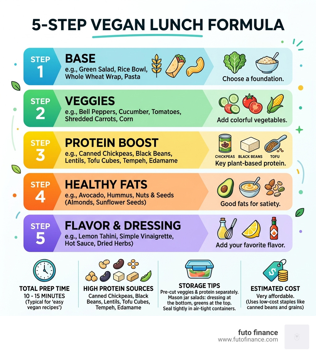 5-step vegan lunch formula showing ingredients, prep time, protein sources, storage tips, and cost - easy vegan lunch