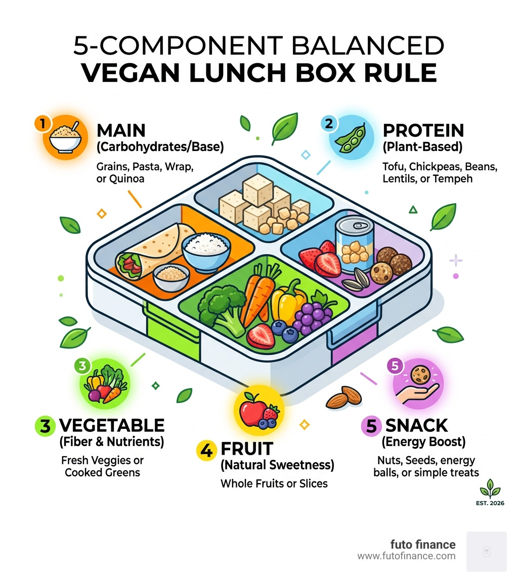 5-component balanced vegan lunch box rule: main, protein, vegetable, fruit, snack - easy vegan lunch box recipes infographic 