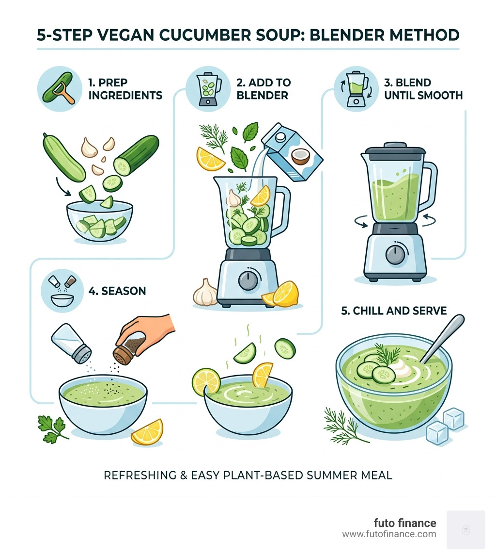 Infographic showing 5-step blender process for vegan cucumber soup from prep to serving - cucumber soup vegan infographic 