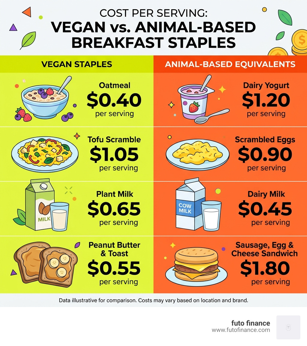 infographic showing cost of vegan breakfast staples vs animal-based equivalents per serving - budget vegan breakfast recipes
