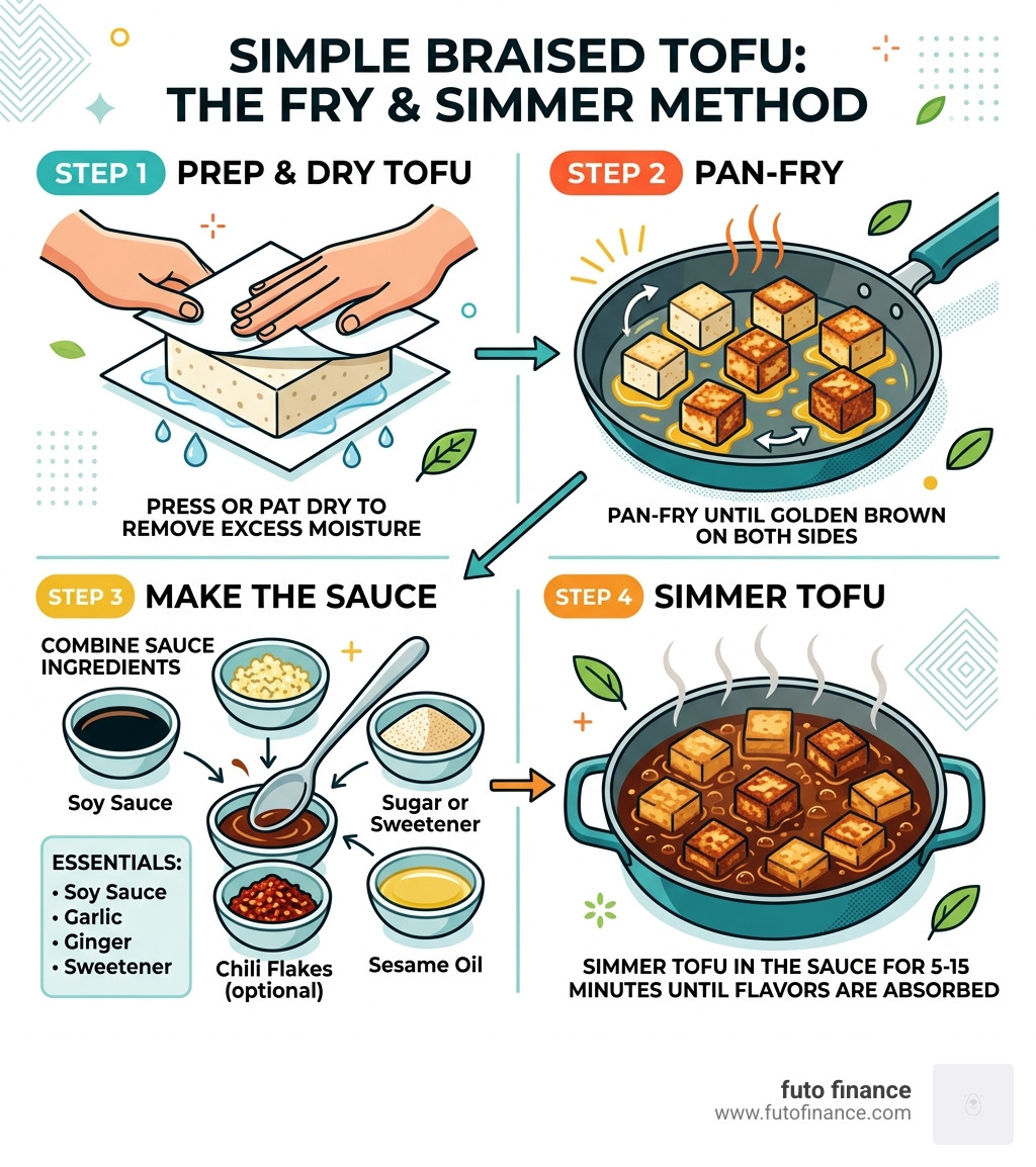Infographic showing the fry-then-simmer braised tofu process with steps and sauce ingredients - braised tofu recipe