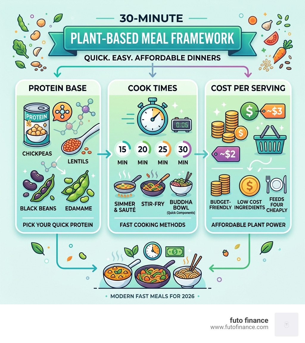Infographic showing the 30-minute plant-based meal framework with proteins, cook times, and cost per serving - quick and