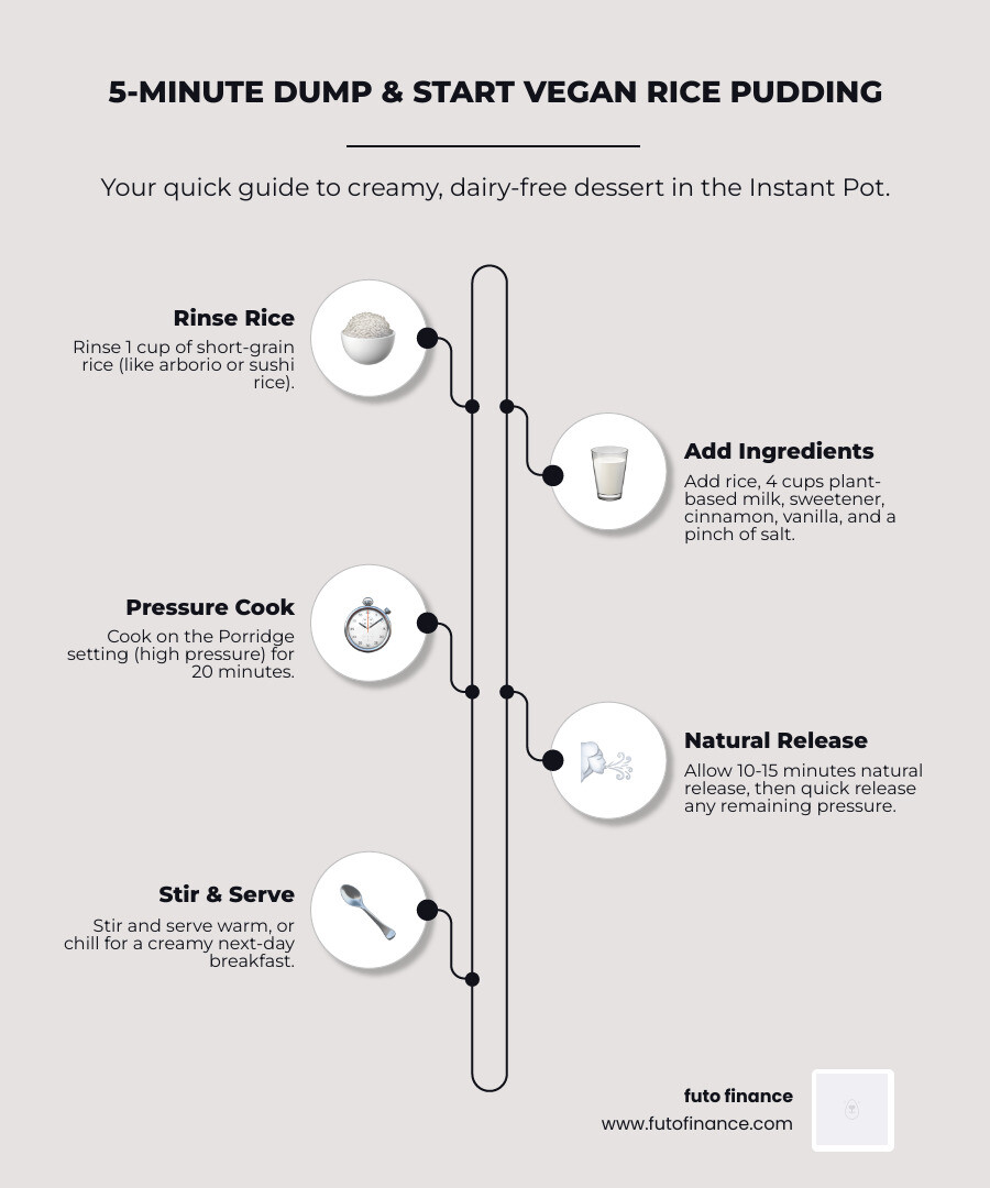 Infographic showing 5-step dump-and-start vegan rice pudding Instant Pot prep process - vegan rice pudding instant pot