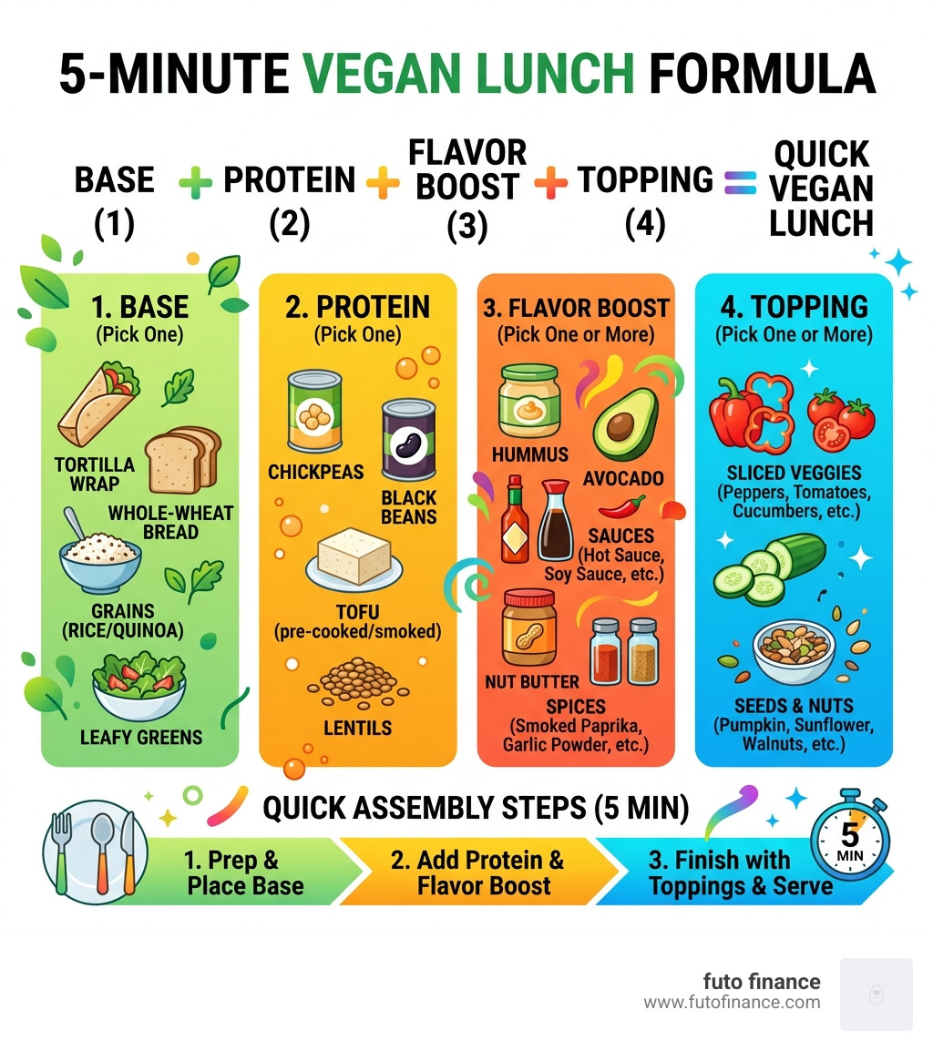 5-minute vegan lunch formula infographic with pantry staples and quick assembly steps - plant based lunch ideas easy