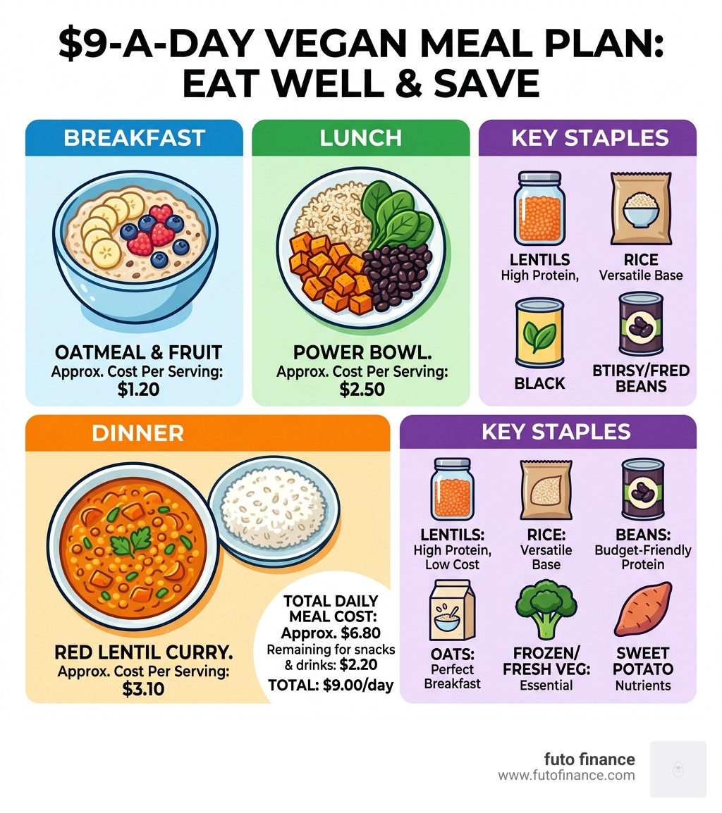 infographic showing $9-a-day vegan meal plan with key staples and cost per serving - easy low cost vegan infographic 