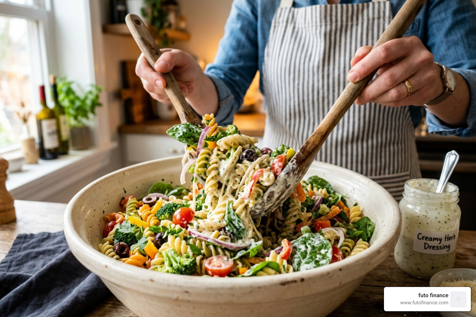 creamy dressing being tossed with pasta and vegetables - creamy vegan pasta salad recipe