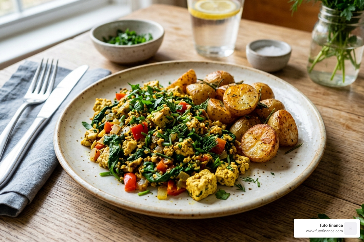 savory tofu scramble with spinach and potatoes - budget vegan breakfast recipes students