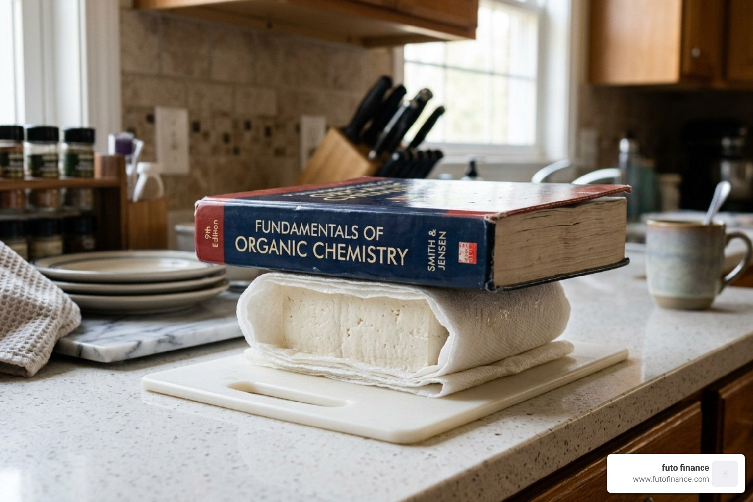 Tofu being pressed with a heavy weight and paper towels - braised tofu recipe