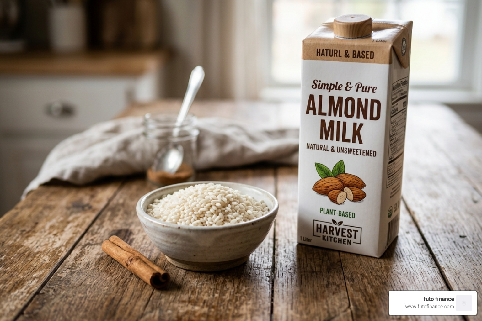 Image of raw arborio rice, a cinnamon stick, and a carton of almond milk on a wooden table - vegan rice pudding instant pot