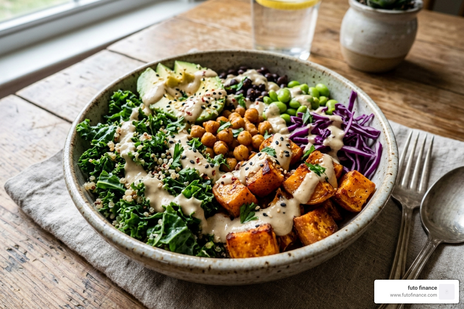 A vibrant Sweet Potato Buddha Bowl topped with creamy tahini dressing and fresh kale - quick and easy plant based dinner