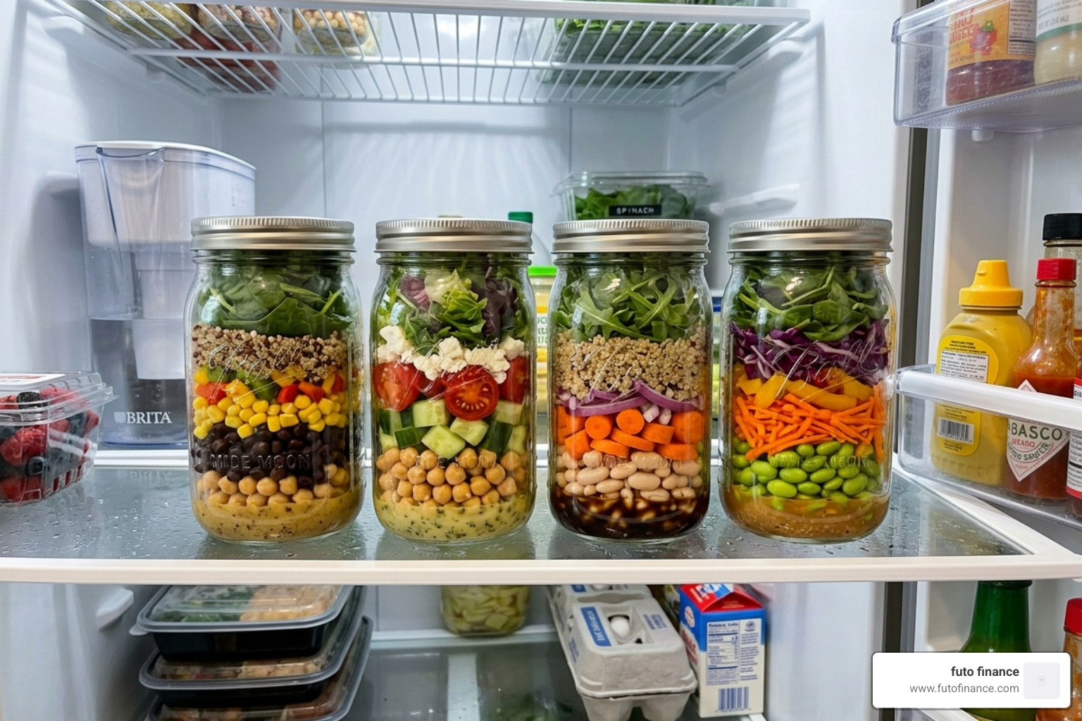 organized mason jar salads with layers of dressing, beans, and greens in a refrigerator - easy vegan lunch recipes