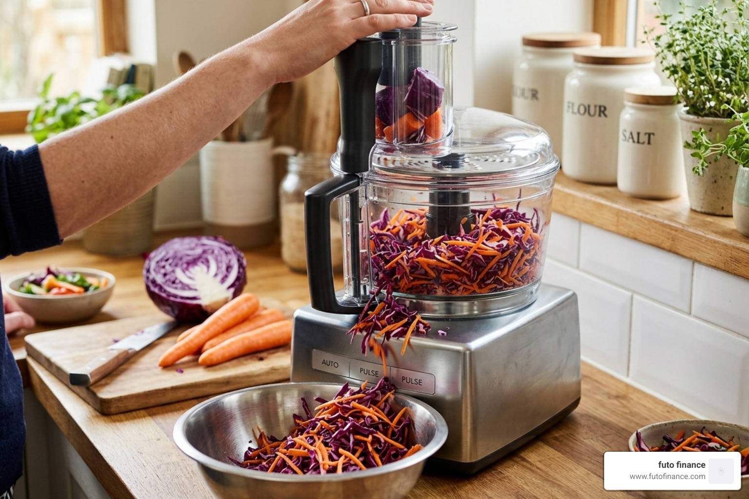 food processor shredding cabbage and carrots - easy vegan coleslaw