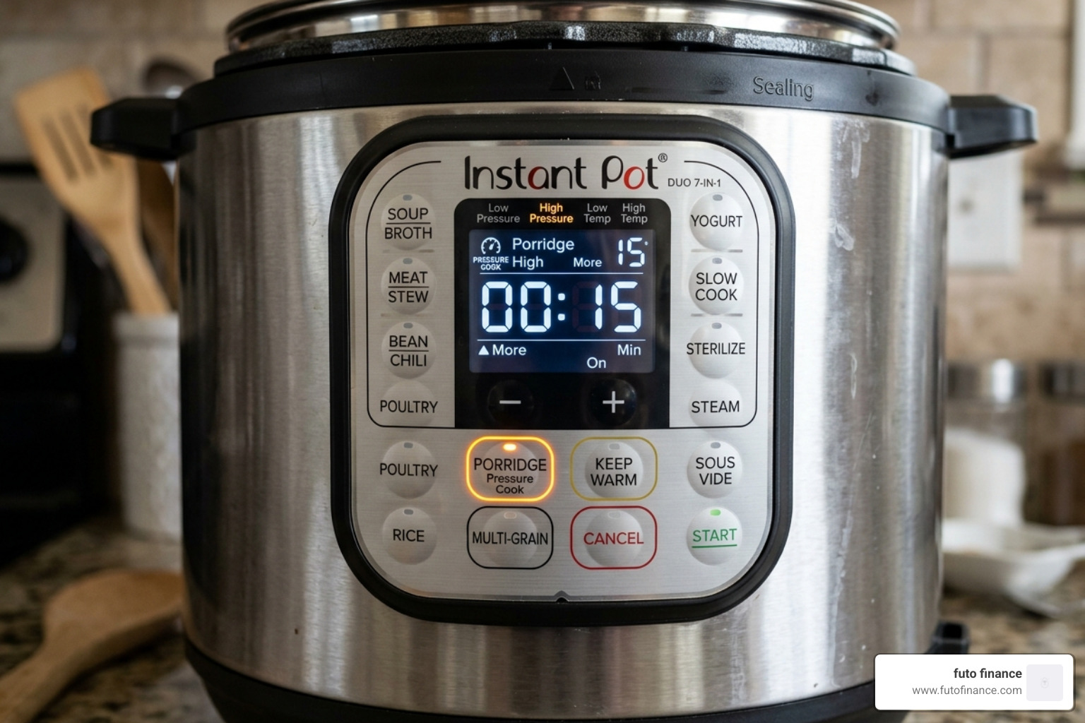 Image of an Instant Pot control panel with the "Porridge" button highlighted - vegan rice pudding instant pot