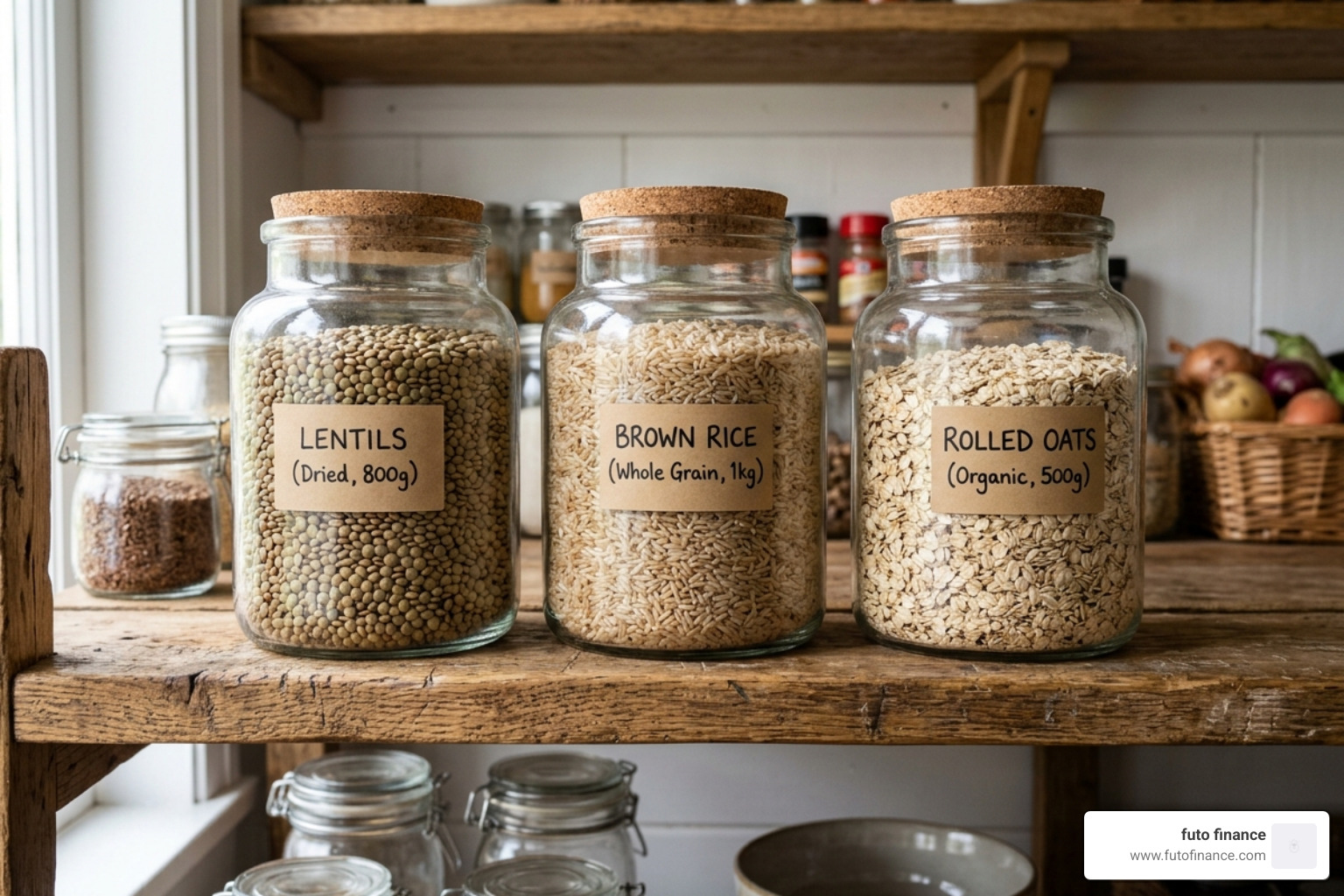 bulk pantry staples including jars of lentils, brown rice, and oats on a wooden shelf - easy low cost vegan