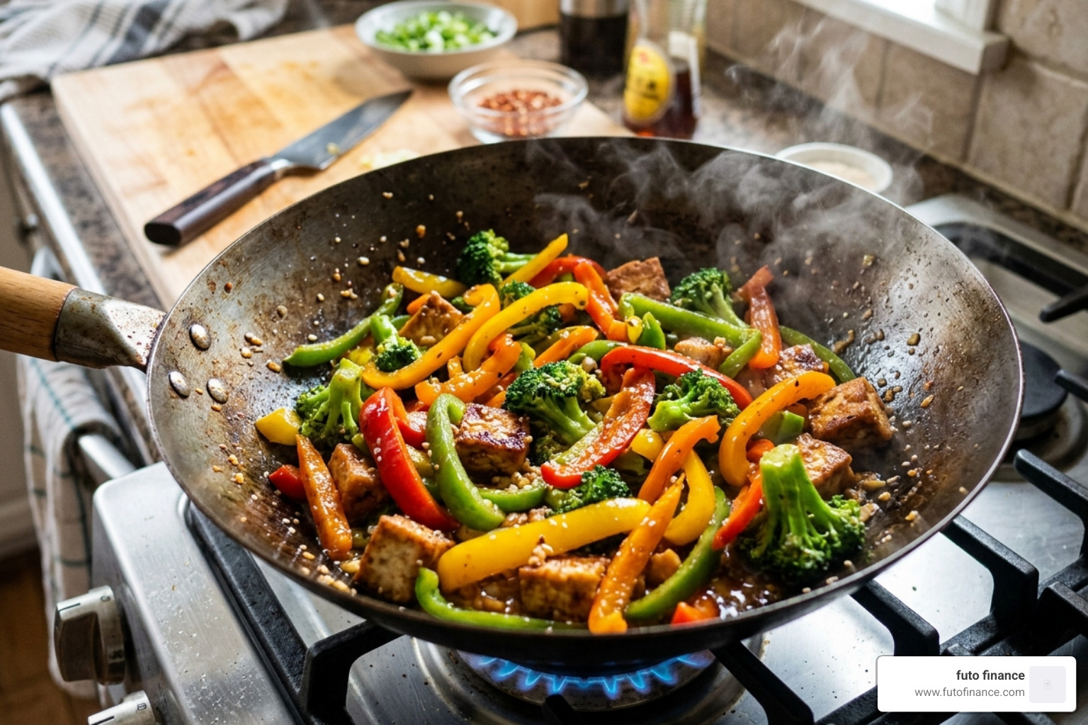 A single-skillet vegetable stir-fry with colorful peppers, broccoli, and tofu - quick and easy plant based dinner recipes