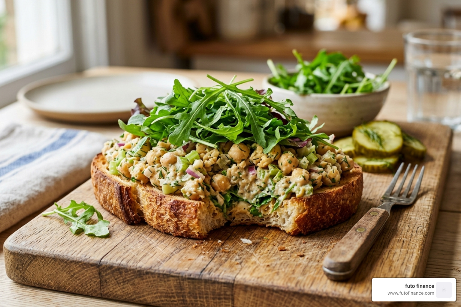 smashed chickpea salad sandwich on toasted sourdough bread with greens - plant based lunch ideas easy