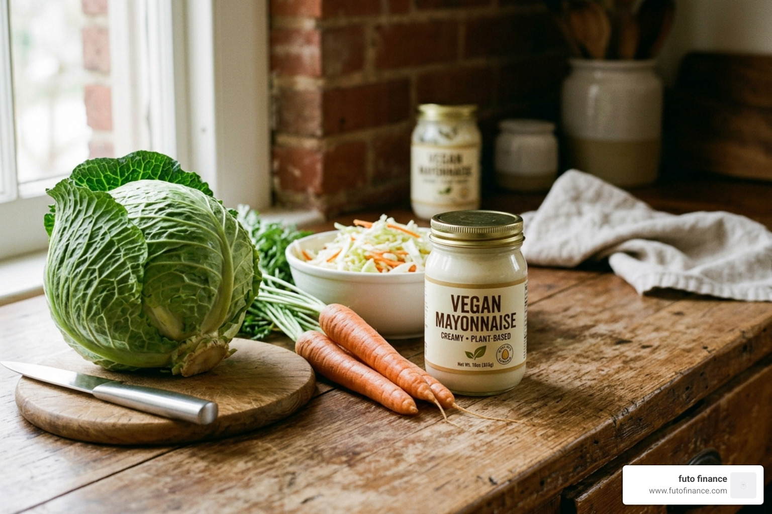 raw ingredients including cabbage, carrots, and vegan mayo - easy vegan coleslaw