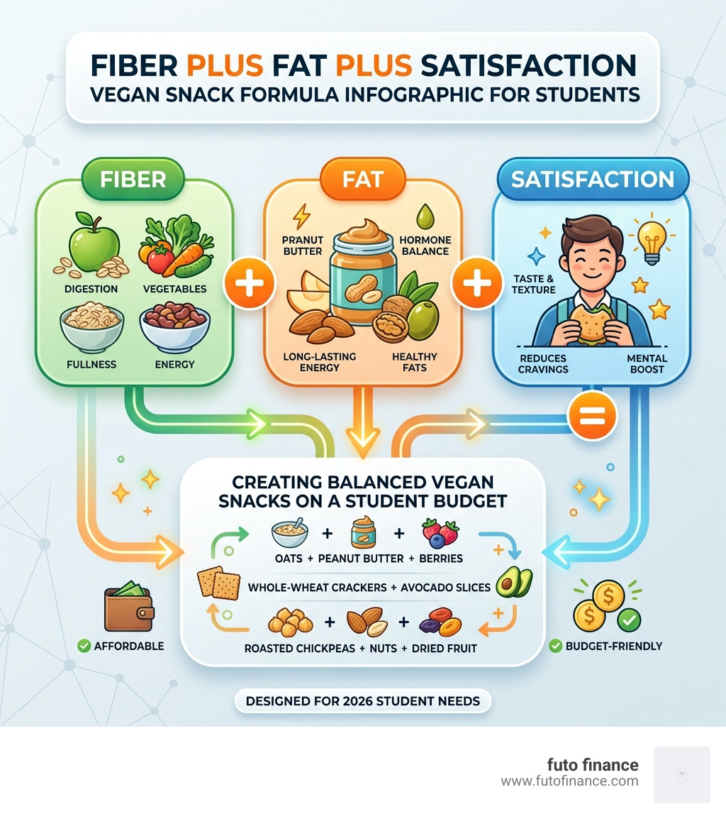 Fiber plus fat plus satisfaction vegan snack formula infographic for students - cheap vegan snacks infographic 
