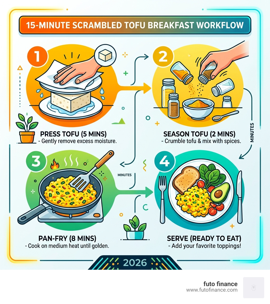 15-minute scrambled tofu breakfast workflow infographic with steps: press tofu, season, pan-fry, serve - scrambled tofu