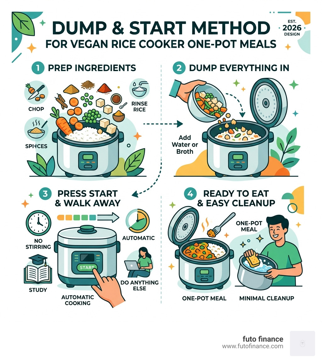 Dump and Start method infographic for vegan rice cooker one-pot meals - vegan rice cooker recipes infographic 