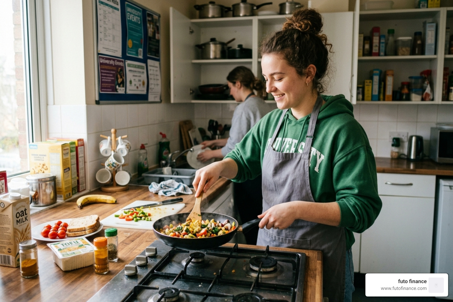 Student cooking a scrambled tofu breakfast in a shared university kitchen - scrambled tofu breakfast