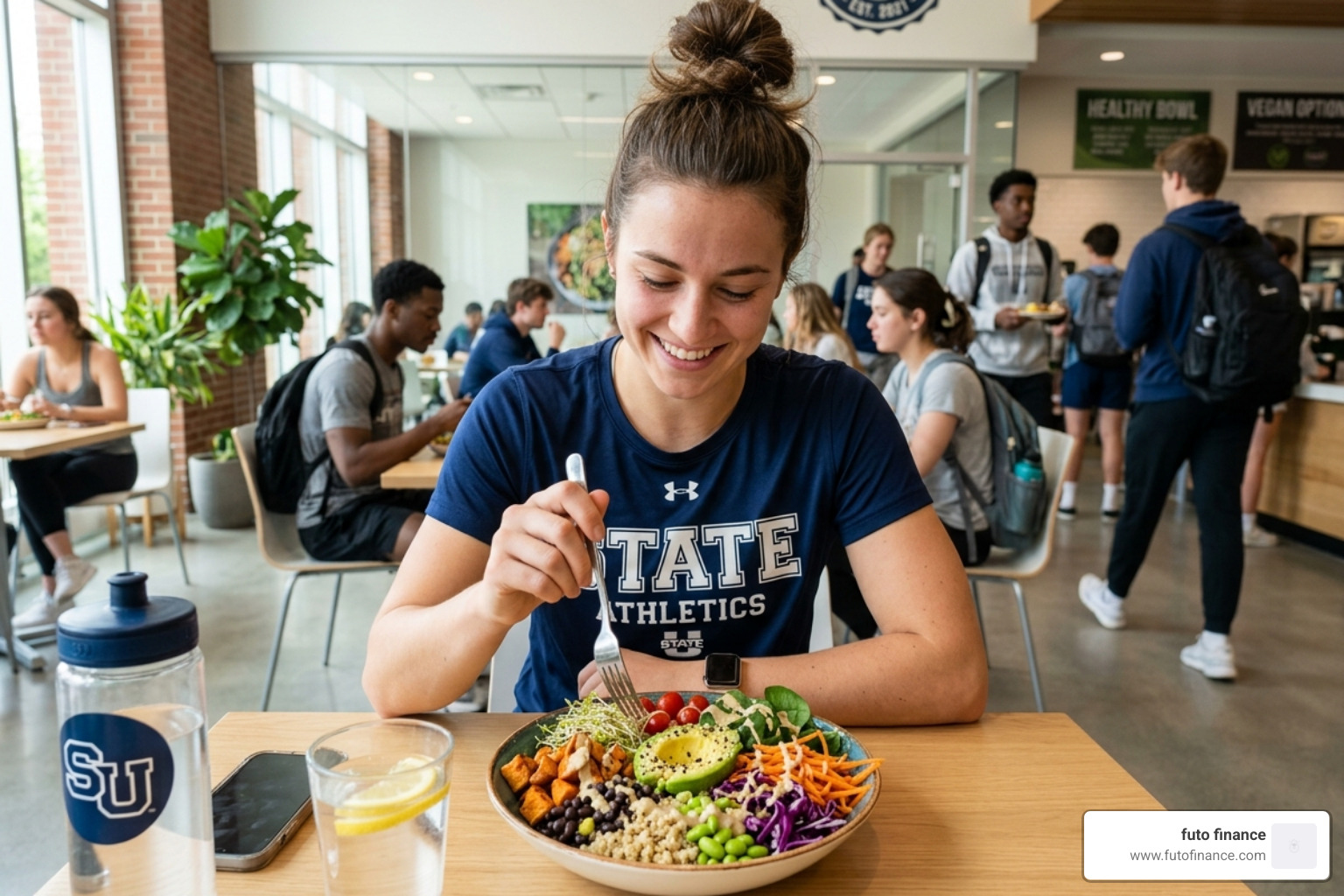 Student athlete fueled by a colorful plant-based meal - healthy vegan diets college