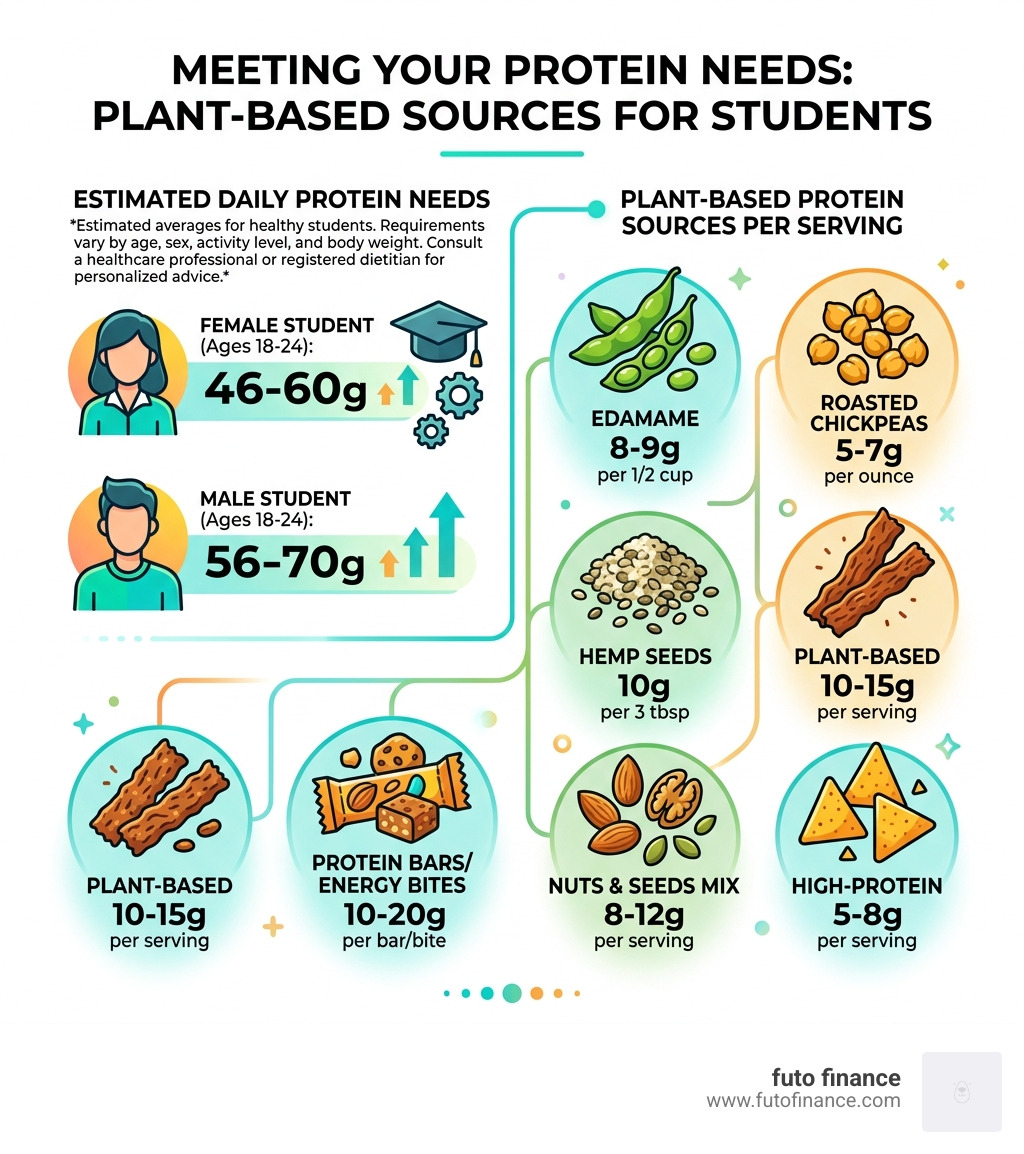 infographic showing plant-based protein sources compared to daily protein requirements for students - high-protein snacks