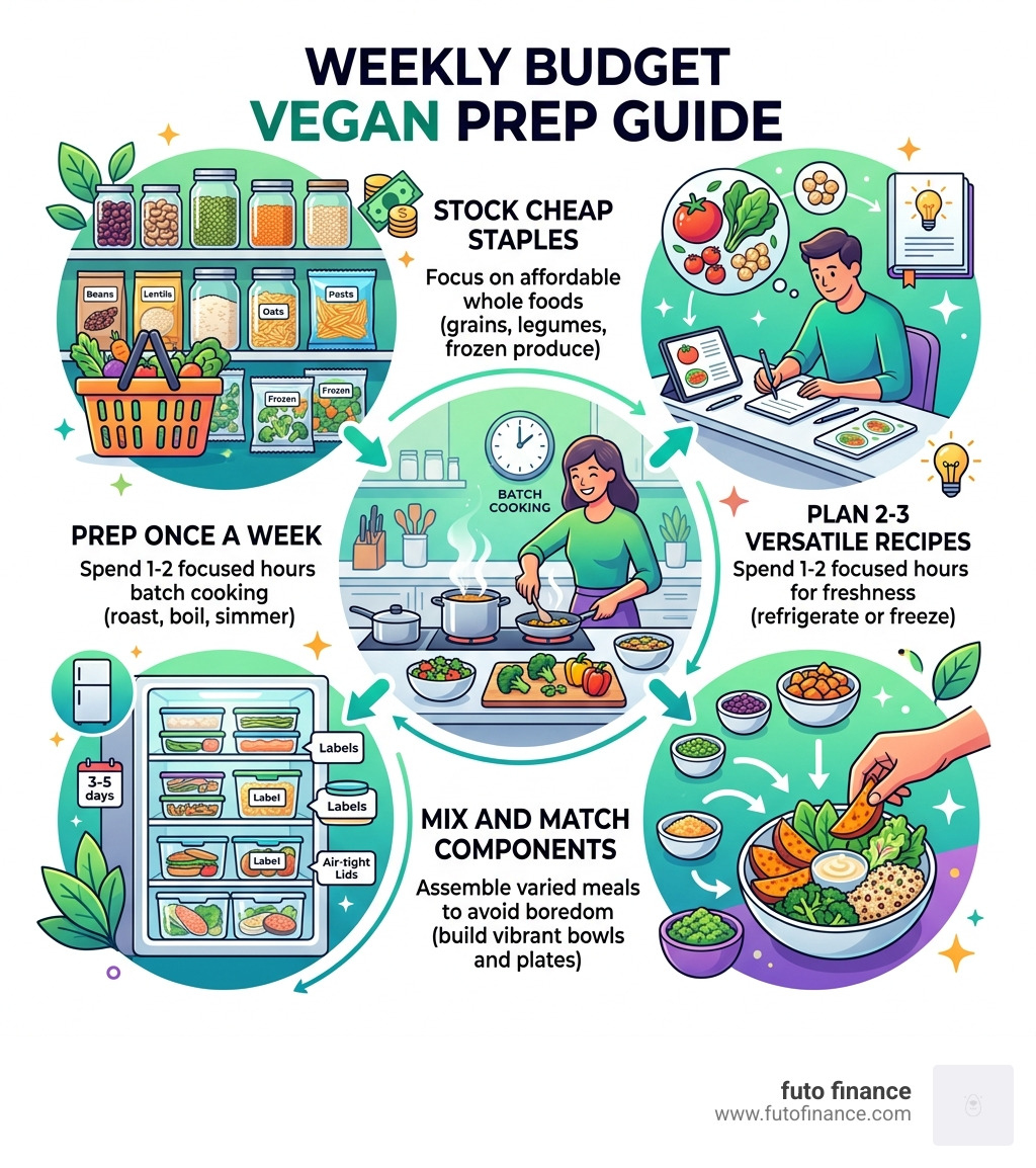 Weekly budget vegan prep guide steps: staples, plan, prep, store, mix and match - budget vegan prep guide infographic 